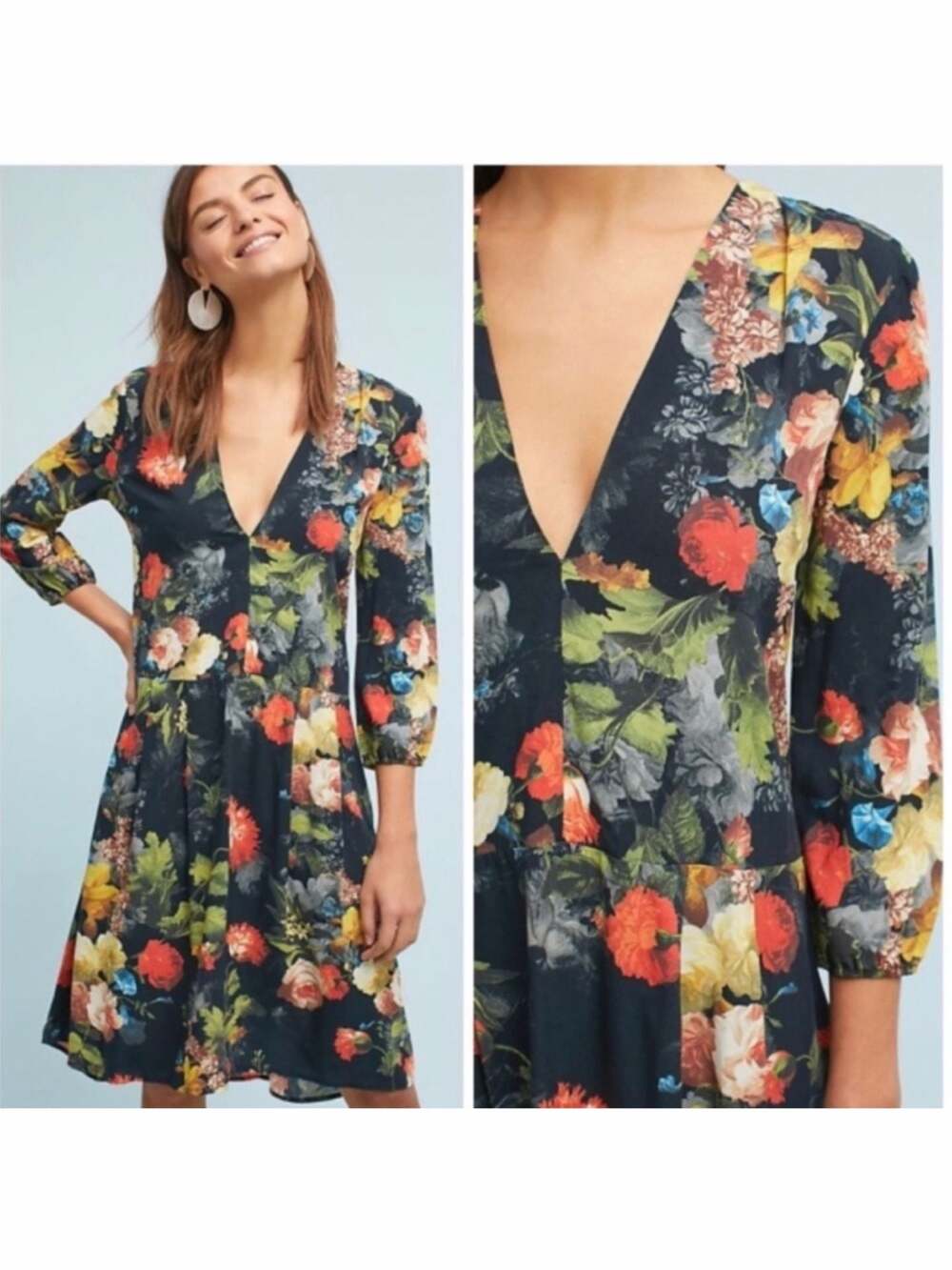 The Odells Women's Black Floral Print Long Sleeve V-Neck Mini Dress